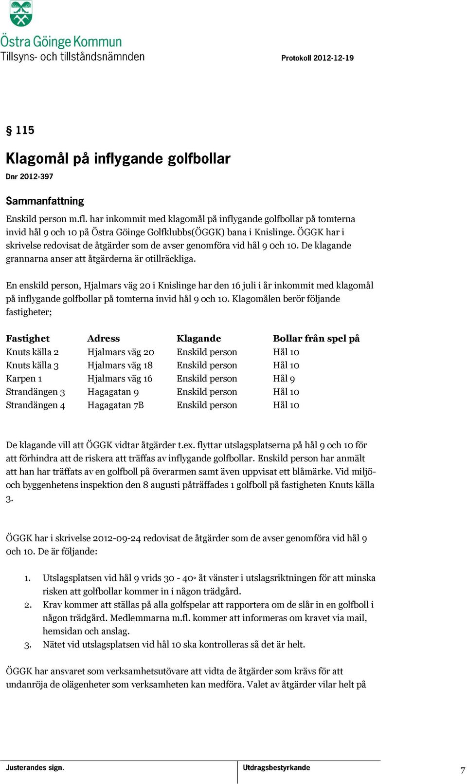 En enskild person, Hjalmars väg 20 i Knislinge har den 16 juli i år inkommit med klagomål på inflygande golfbollar på tomterna invid hål 9 och 10.