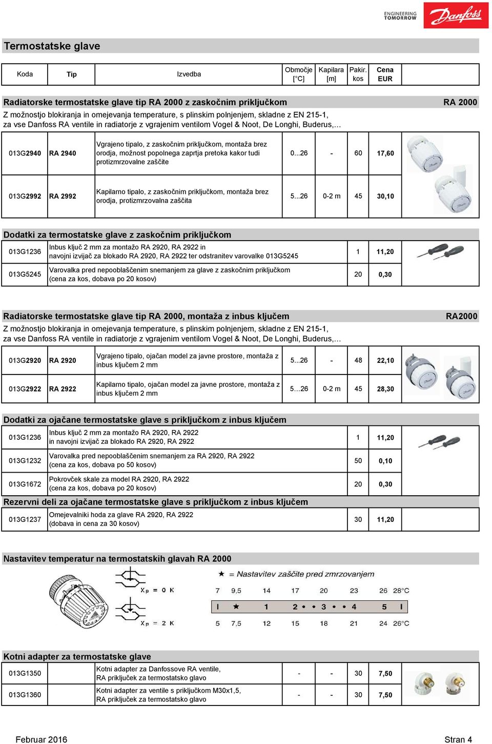in radiatorje z vgrajenim ventilom Vogel & Noot, De Longhi, Buderus, Vgrajeno tipalo, z zaskočnim priključkom, montaža brez 013G2940 RA 2940 orodja, možnost popolnega zaprtja pretoka kakor tudi 0.