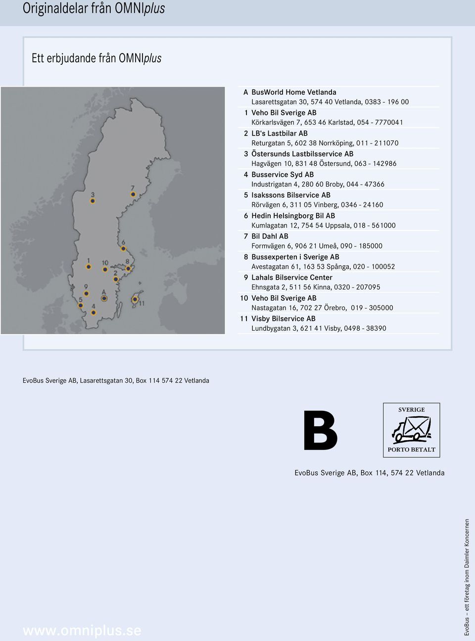 Isakssons Bilservice AB Rörvägen 6, 311 05 Vinberg, 0346-24160 6 Hedin Helsingborg Bil AB Kumlagatan 12, 754 54 Uppsala, 018-561000 7 Bil Dahl AB Formvägen 6, 906 21 Umeå, 090-185000 8 Bussexperten i