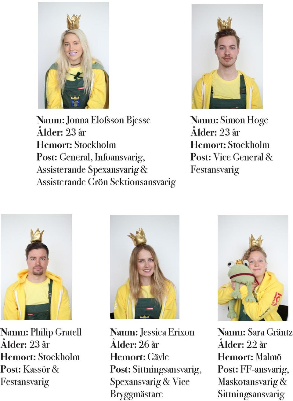 Ålder: 23 år Hemort: Stockholm Post: Kassör & Festansvarig Namn: Jessica Erixon Ålder: 26 år Hemort: Gävle Post: