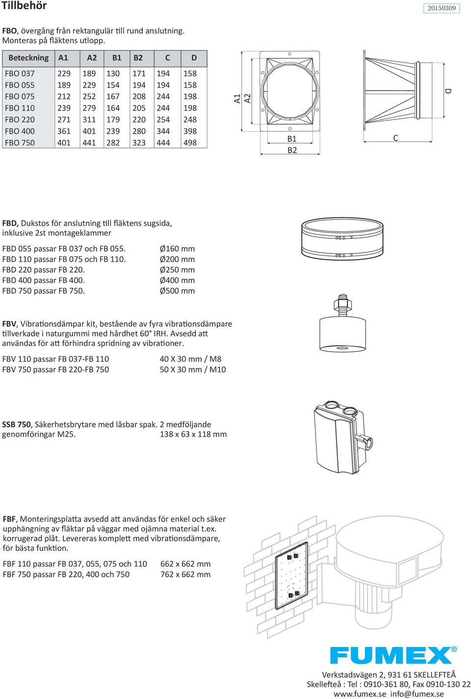 401 239 280 344 398 FBO 750 401 441 282 323 444 498 A1 A2 B1 B2 C D FBD, Dukstos för anslutning till fläktens sugsida, inklusive 2st montageklammer FBD 055 passar FB 037 och FB 055.