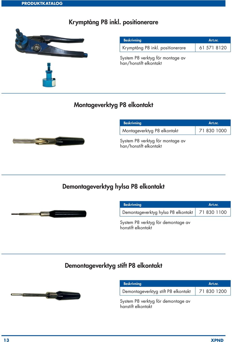 elkontakt 71 830 1000 System P8 verktyg för montage av han/honstift elkontakt Demontageverktyg hylsa P8 elkontakt Demontageverktyg