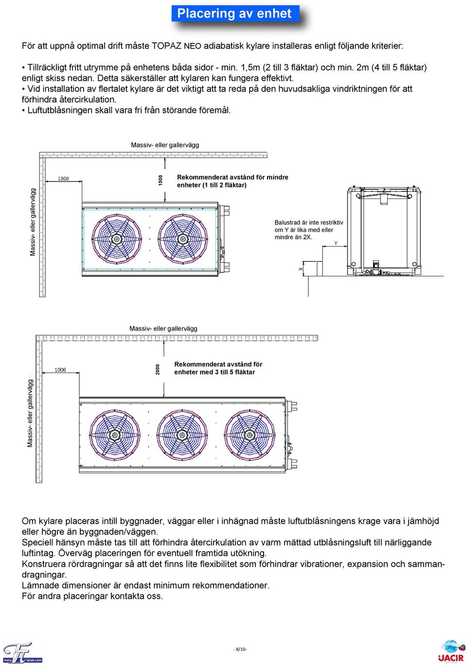 Vid installation av flertalet kylare är det viktigt att ta reda på den huvudsakliga vindriktningen för att förhindra återcirkulation. Luftutblåsningen skall vara fri från störande föremål.