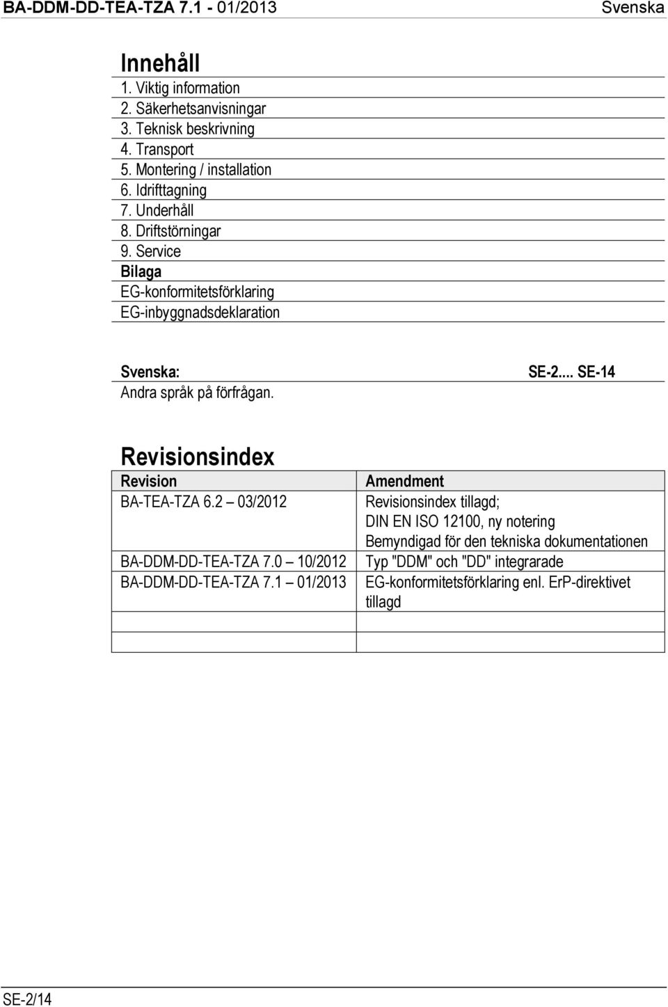 .. SE-14 Revisionsindex Revision BA-TEA-TZA 6.2 03/2012 BA-DDM-DD-TEA-TZA 7.0 10/2012 BA-DDM-DD-TEA-TZA 7.