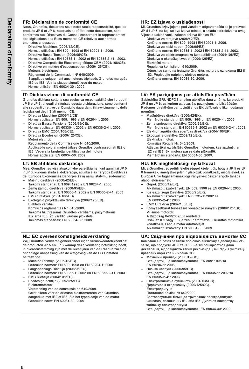 Normes utilisées : EN 809 : 1998 et EN 60204-1 : 2006. Directive Basse Tension (2006/95/CE). Normes utilisées : EN 60335-1 : 2002 et EN 60335-2-41 : 2003.