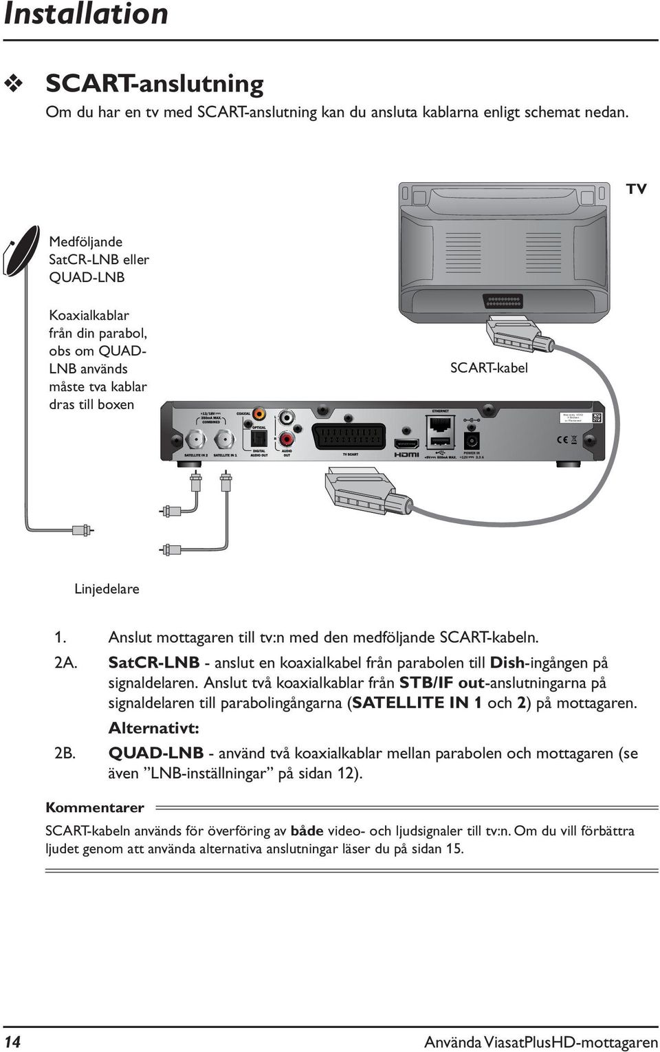 Anslut mottagaren till tv:n med den medföljande SCART-kabeln. 2A. SatCR-LNB - anslut en koaxialkabel från parabolen till Dish-ingången på signaldelaren.