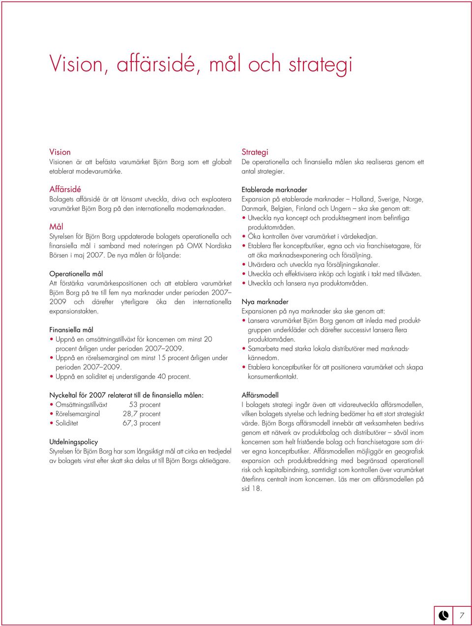 Mål Styrelsen för Björn Borg uppdaterade bolagets operationella och finansiella mål i samband med noteringen på OMX Nordiska Börsen i maj 2007.