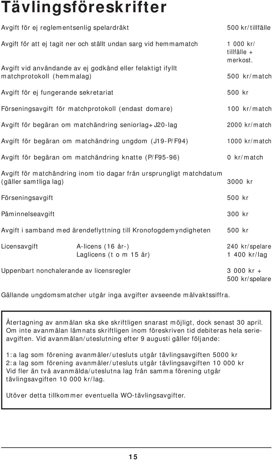 begäran om matchändring knatte (P/F95-96) Avgift för matchändring inom tio dagar från ursprungligt matchdatum (gäller samtliga lag) Förseningsavgift Påminnelseavgift Avgift i samband med