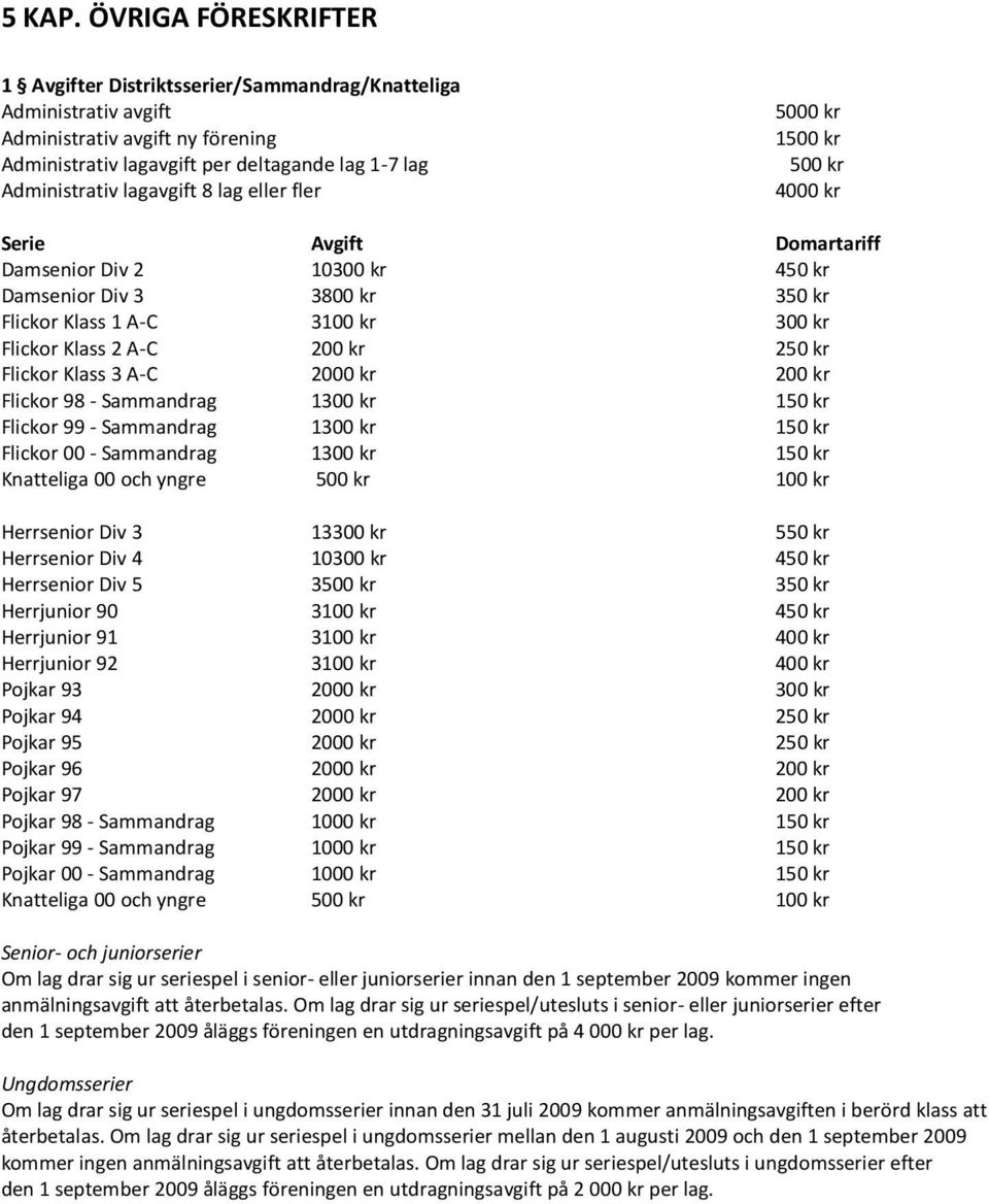 lag eller fler 5000 kr 1500 kr 500 kr 4000 kr Serie Avgift Domartariff Damsenior Div 2 10300 kr 450 kr Damsenior Div 3 3800 kr 350 kr Flickor Klass 1 A-C 3100 kr 300 kr Flickor Klass 2 A-C 200 kr 250
