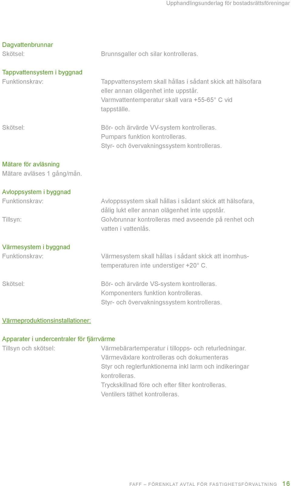 Mätare för avläsning Mätare avläses 1 gång/mån. Avloppsystem i byggnad Funktionskrav: Tillsyn: Avloppssystem skall hållas i sådant skick att hälsofara, dålig lukt eller annan olägenhet inte uppstår.