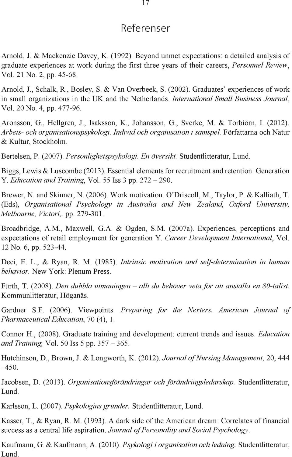 , Bosley, S. & Van Overbeek, S. (2002). Graduates experiences of work in small organizations in the UK and the Netherlands. International Small Business Journal, Vol. 20 No. 4, pp. 477-96.