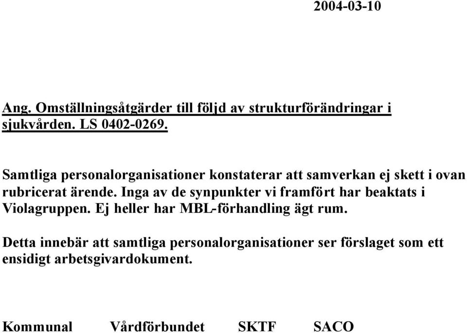 Inga av de synpunkter vi framfört har beaktats i Violagruppen. Ej heller har MBL-förhandling ägt rum.