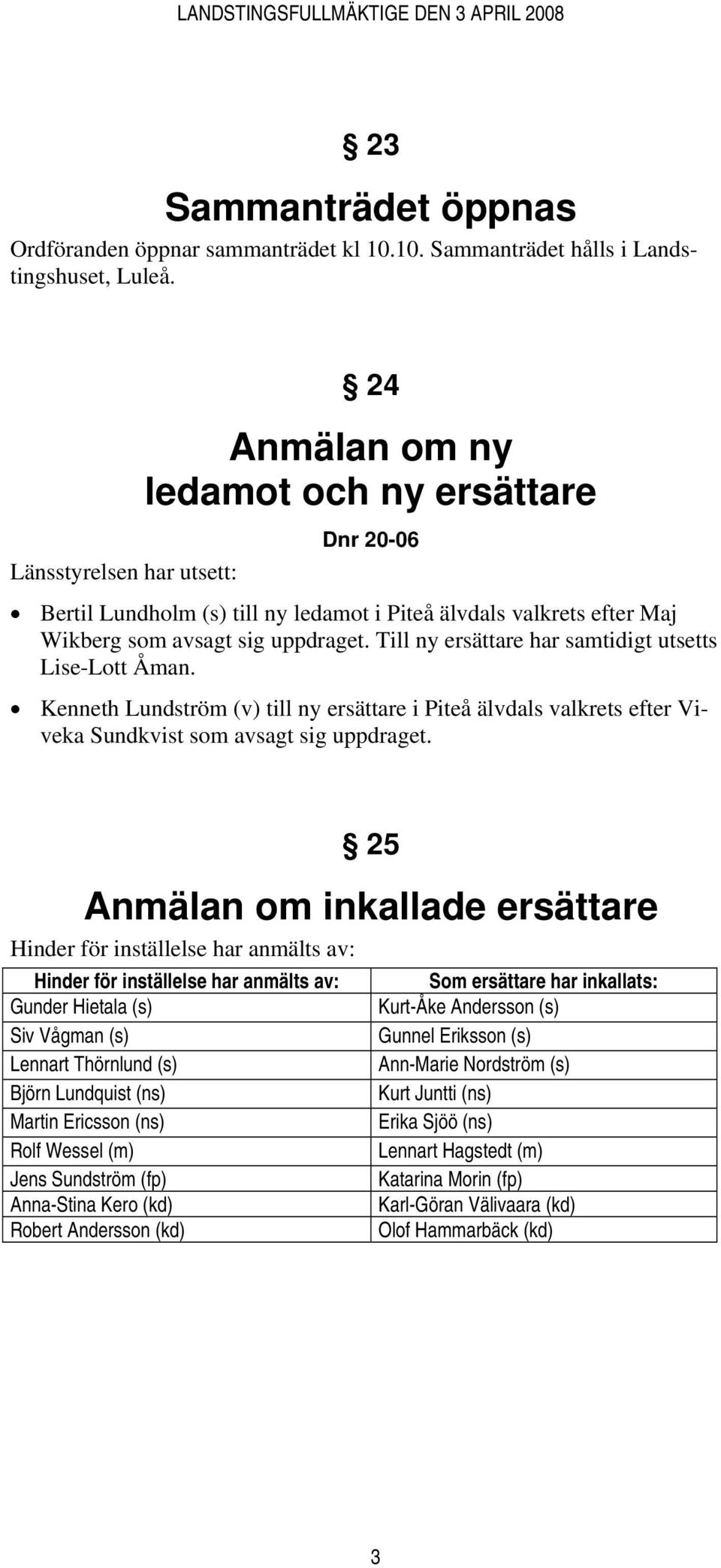 Till ny ersättare har samtidigt utsetts Lise-Lott Åman. Kenneth Lundström (v) till ny ersättare i Piteå älvdals valkrets efter Viveka Sundkvist som avsagt sig uppdraget.