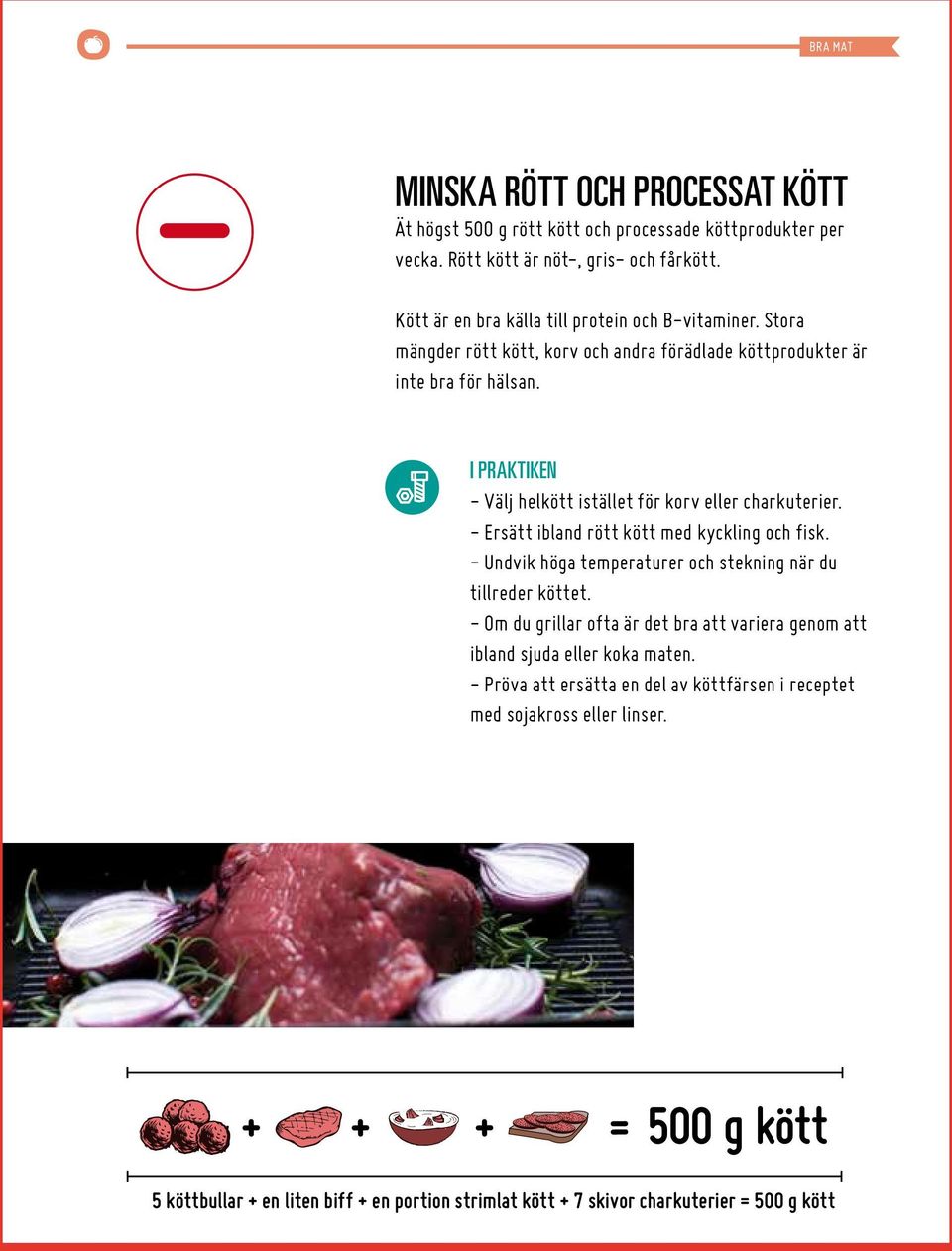 I PRAKTIKEN - Välj helkött istället för korv eller charkuterier. - Ersätt ibland rött kött med kyckling och fisk. - Undvik höga temperaturer och stekning när du tillreder köttet.