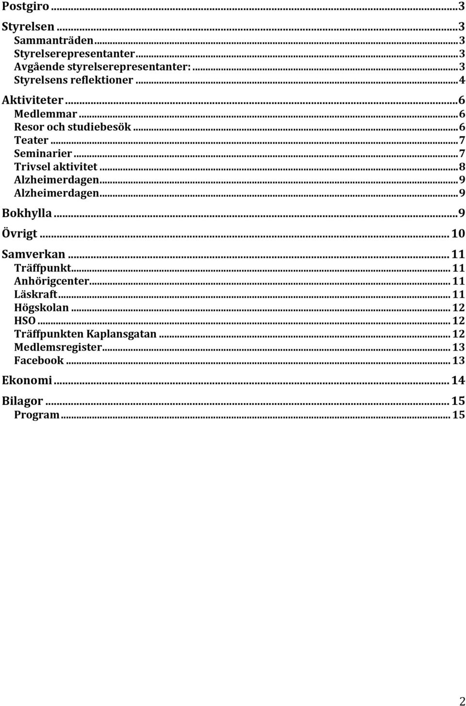 .. 7 Trivsel aktivitet... 8 Alzheimerdagen... 9 Alzheimerdagen... 9 Bokhylla... 9 Övrigt... 10 Samverkan... 11 Träffpunkt.