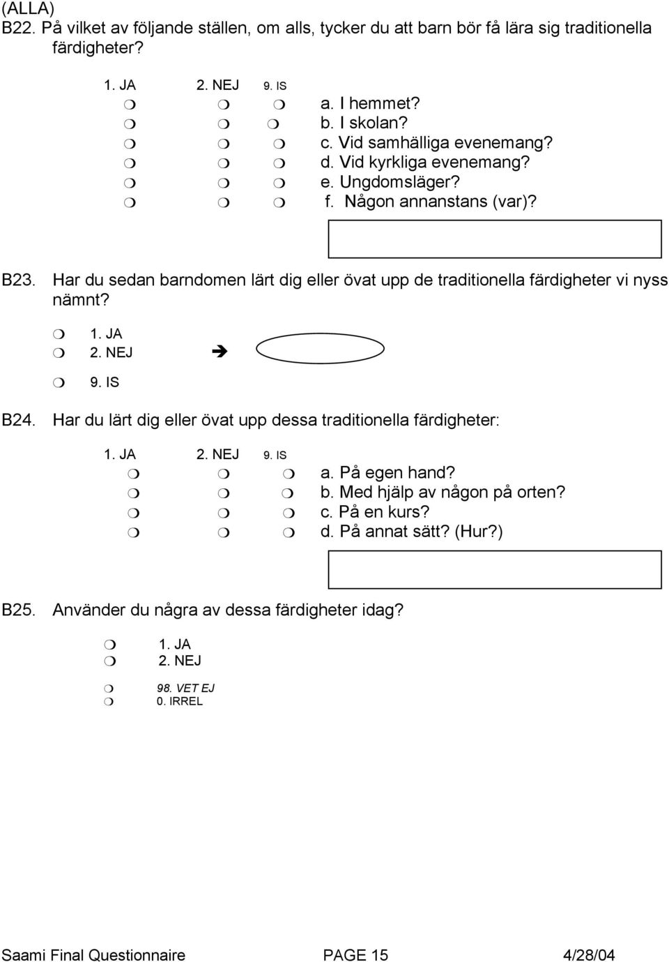 Har du sedan barndomen lärt dig eller övat upp de traditionella färdigheter vi nyss nämnt? GÅ TILL B25 B24.