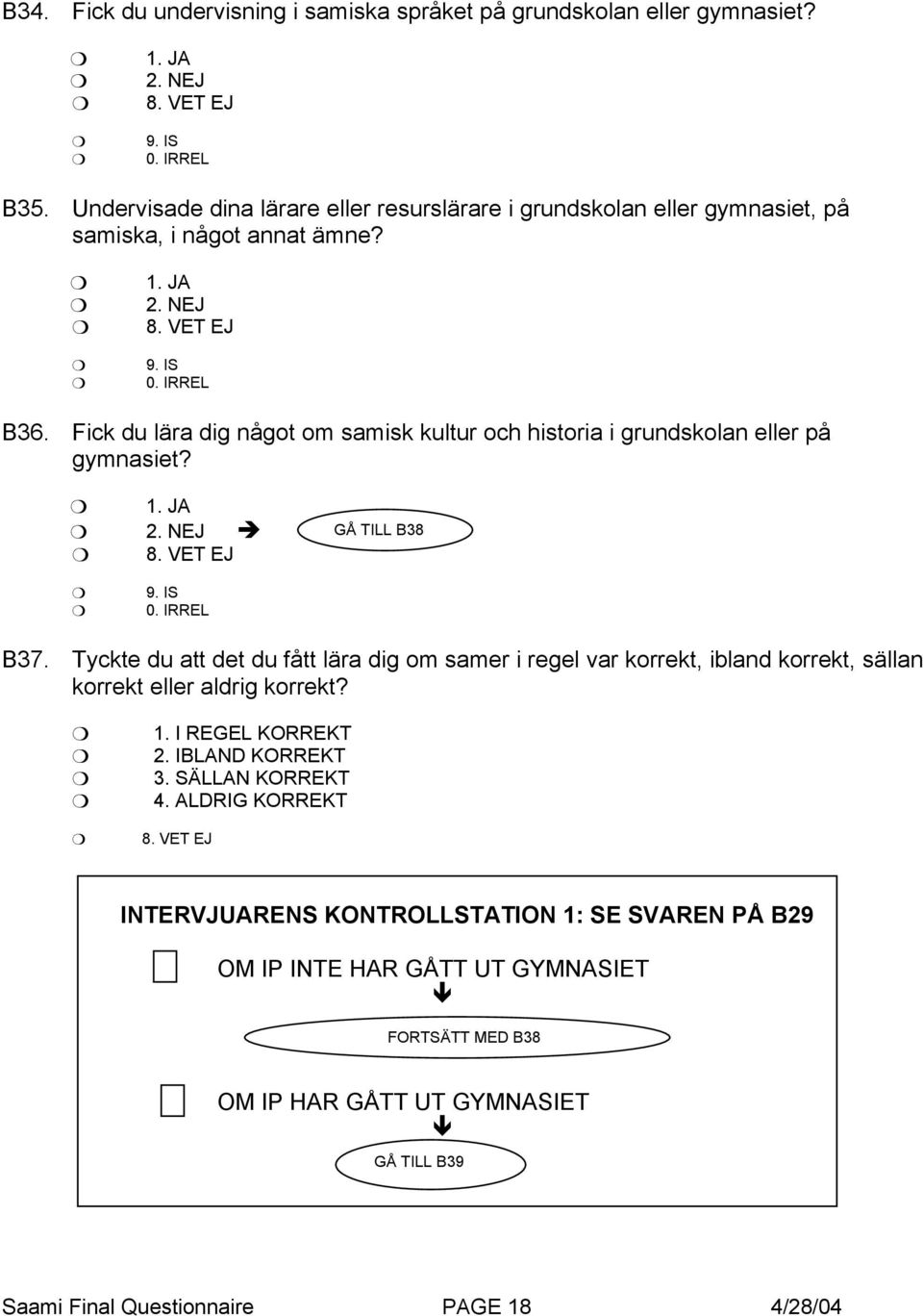 Fick du lära dig något om samisk kultur och historia i grundskolan eller på gymnasiet? GÅ TILL B38 0. IRREL B37.