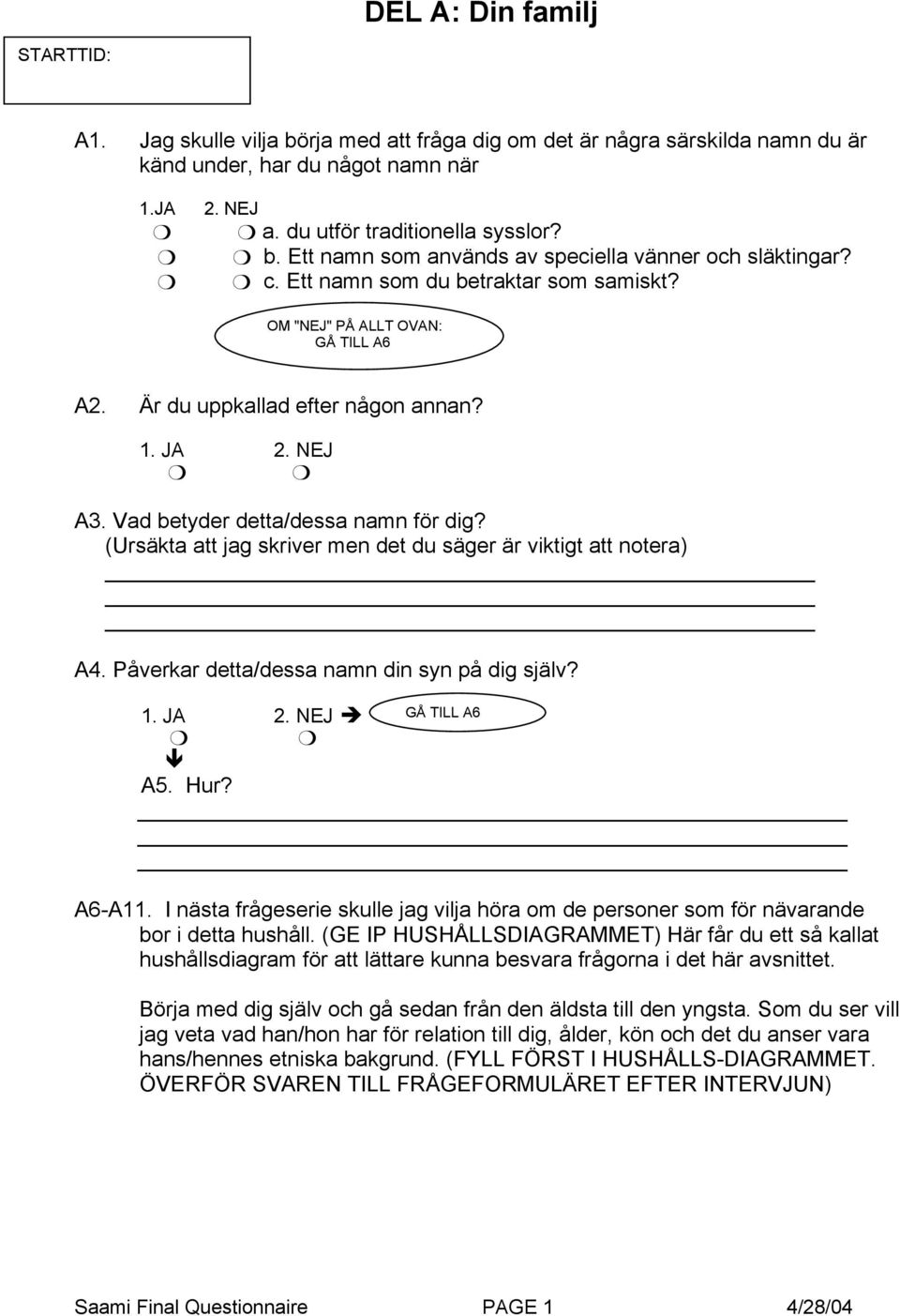 (Ursäkta att jag skriver men det du säger är viktigt att notera) A4. Påverkar detta/dessa namn din syn på dig själv? GÅ TILL A6 A5. Hur? A6-A11.