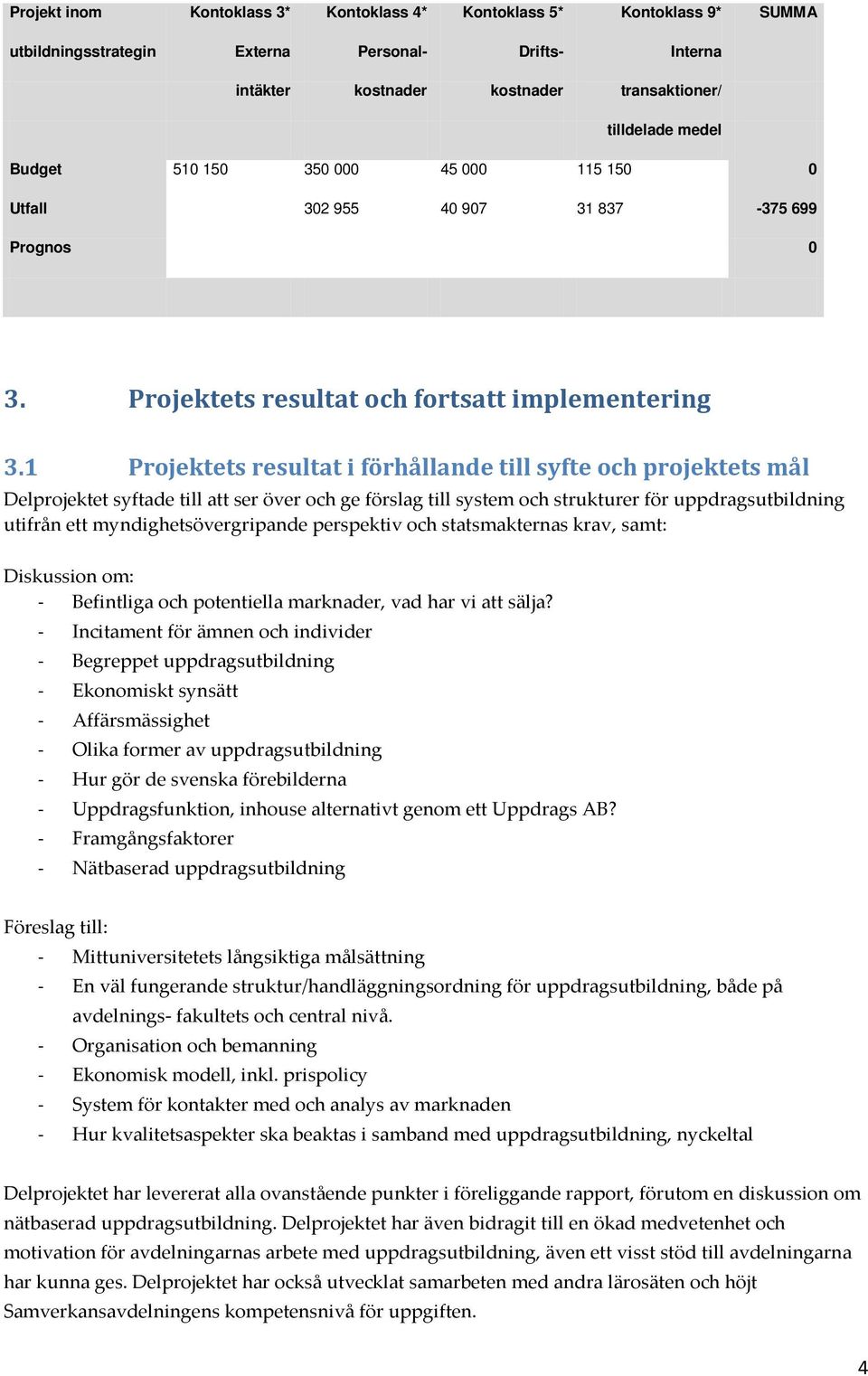 Projektets resultat i förhållande till syfte och projektets mål Delprojektet syftade till att ser över och ge förslag till system och strukturer för uppdragsutbildning utifrån ett