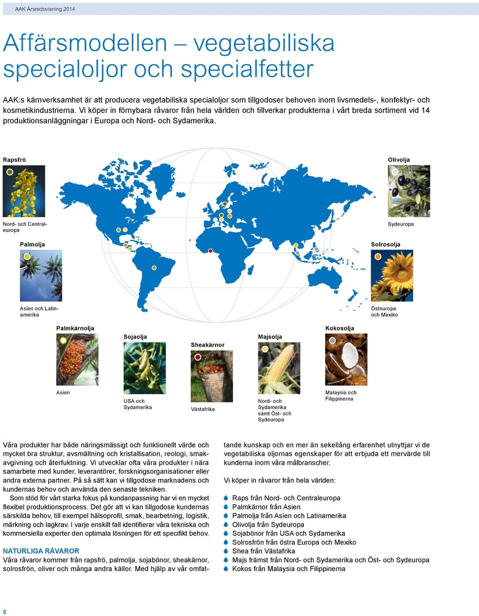 rapsfrö Olivolja Nord- och Centraleuropa Palmolja solrosolja Sydeuropa Asien och Latinamerika Östeuropa och Mexiko Palmkärnolja sojaolja sheakärnor majsolja Kokosolja Asien USA och Sydamerika