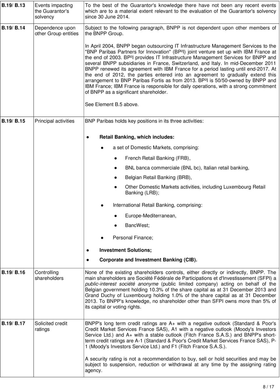 relevant to the evaluation of the Guarantor's solvency since 30 June 2014. Subject to the following paragraph, BNPP is not dependent upon other members of the BNPP Group.