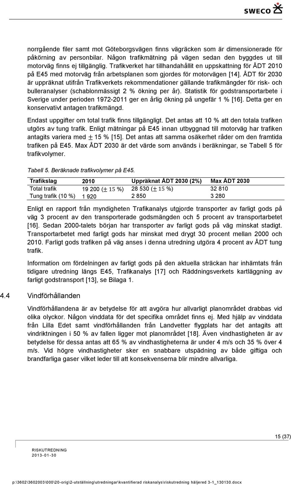 ÅDT för 2030 är uppräknat utifrån Trafikverkets rekommendationer gällande trafikmängder för risk- och bulleranalyser (schablonmässigt 2 % ökning per år).