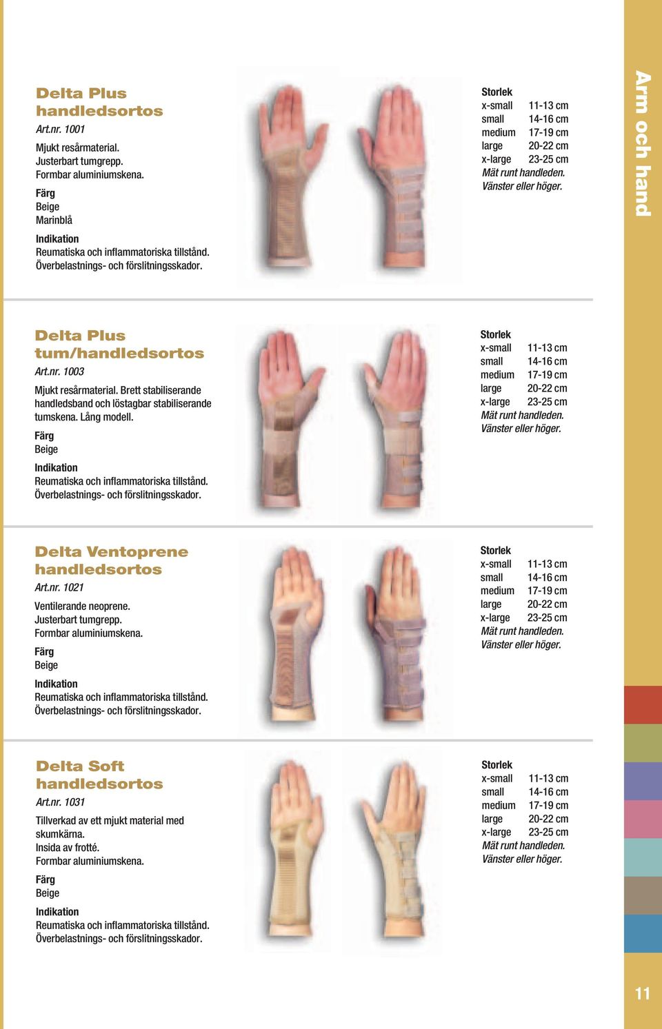 Brett stabiliserande handledsband och löstagbar stabiliserande tumskena. Lång modell. Reumatiska och inflammatoriska tillstånd. Överbelastnings- och förslitningsskador.