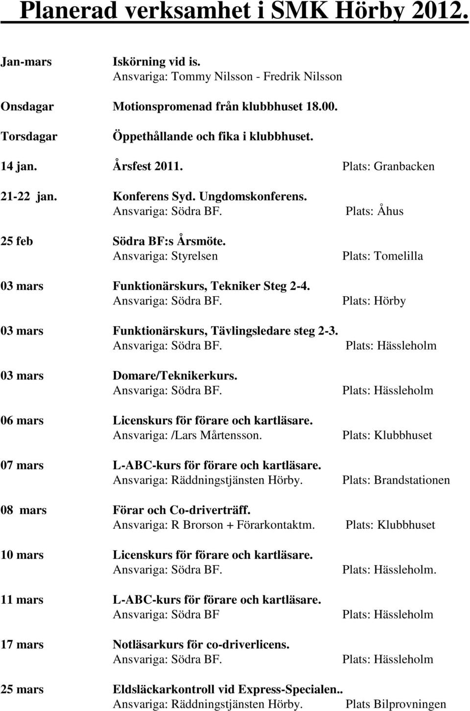 Ansvariga: Styrelsen 03 mars Funktionärskurs, Tekniker Steg 2-4. Ansvariga: Södra BF. 03 mars Funktionärskurs, Tävlingsledare steg 2-3. Ansvariga: Södra BF. 03 mars Domare/Teknikerkurs.