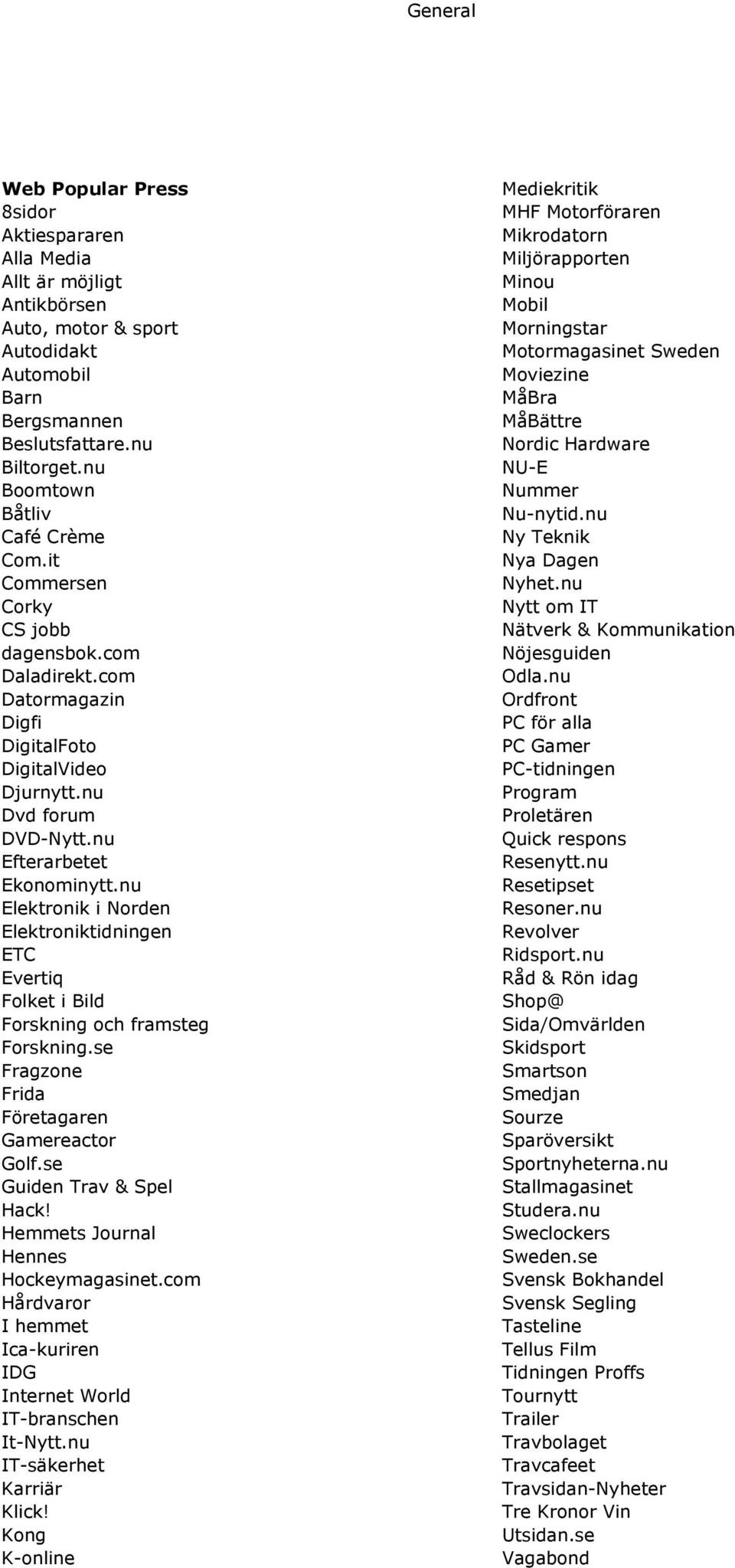 nu Elektronik i Norden Elektroniktidningen ETC Evertiq Folket i Bild Forskning och framsteg Forskning.se Fragzone Frida Företagaren Gamereactor Golf.se Guiden Trav & Spel Hack!