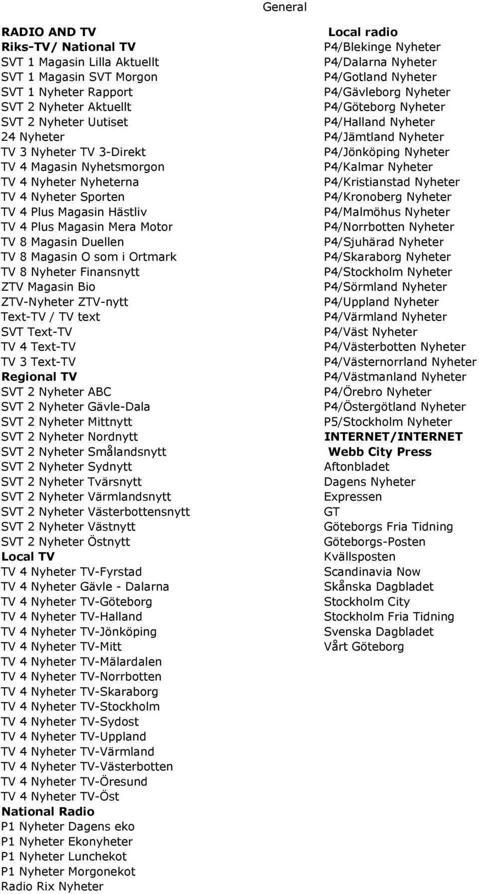 P4/Kalmar Nyheter TV 4 Nyheter Nyheterna P4/Kristianstad Nyheter TV 4 Nyheter Sporten P4/Kronoberg Nyheter TV 4 Plus Magasin Hästliv P4/Malmöhus Nyheter TV 4 Plus Magasin Mera Motor P4/Norrbotten