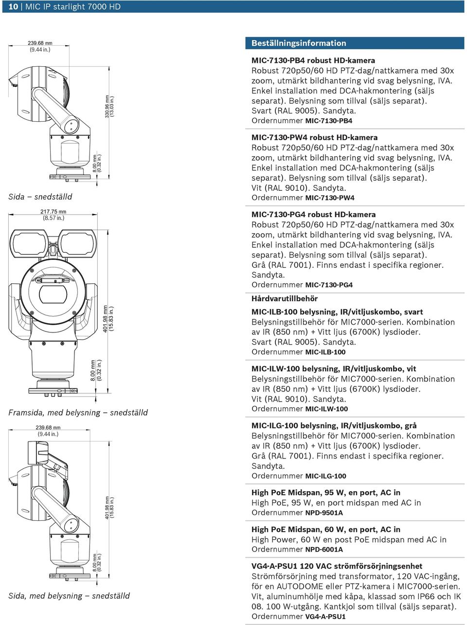 Enkel installation med DCA-hakmontering (säljs separat). Belysning som tillval (säljs separat). Svart (RAL 9005). Sandyta. Ordernummer MIC-7130-PB4 Sida snedställd (0.32 in.