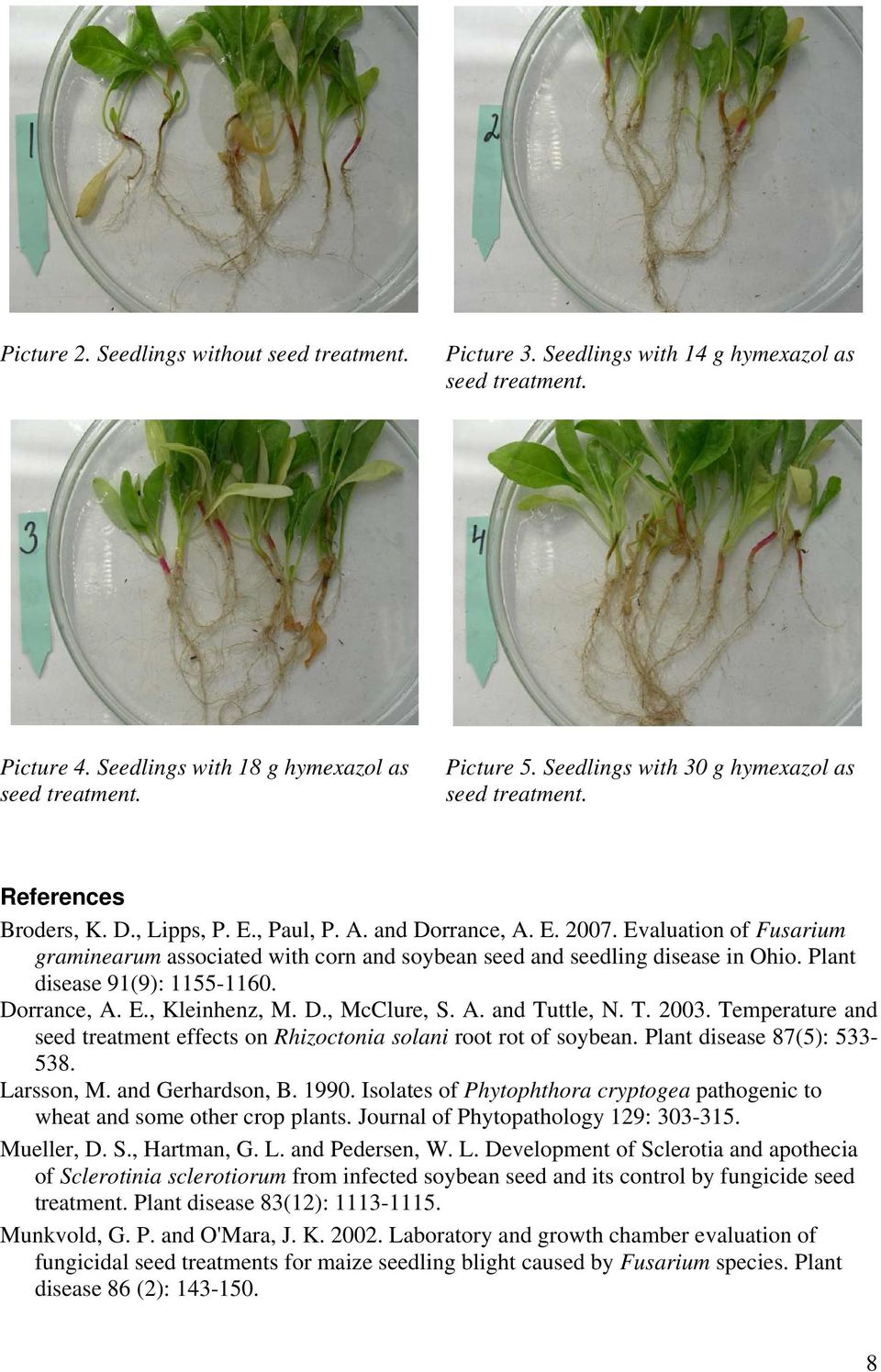 Evaluation of Fusarium graminearum associated with corn and soybean seed and seedling disease in Ohio. Plant disease 91(9): 1155-1160. Dorrance, A. E., Kleinhenz, M. D., McClure, S. A. and Tuttle, N.