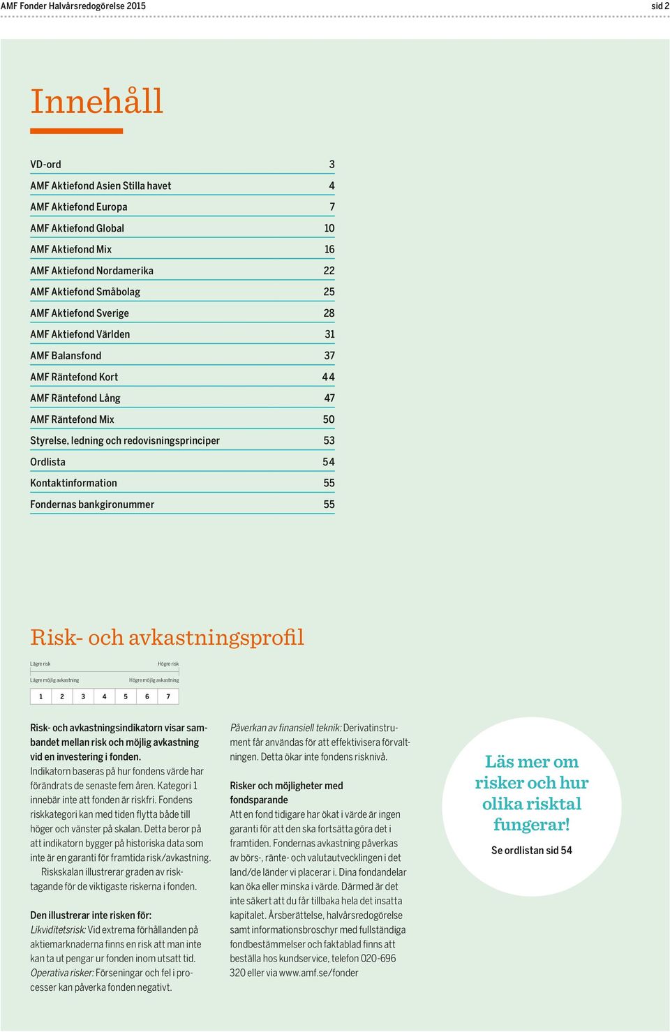 53 Ordlista 54 Kontaktinformation 55 Fondernas bankgironummer 55 Risk- och avkastningsprofil Lägre risk Högre risk Lägre möjlig avkastning Högre möjlig avkastning 1 2 3 4 5 6 7 Risk- och