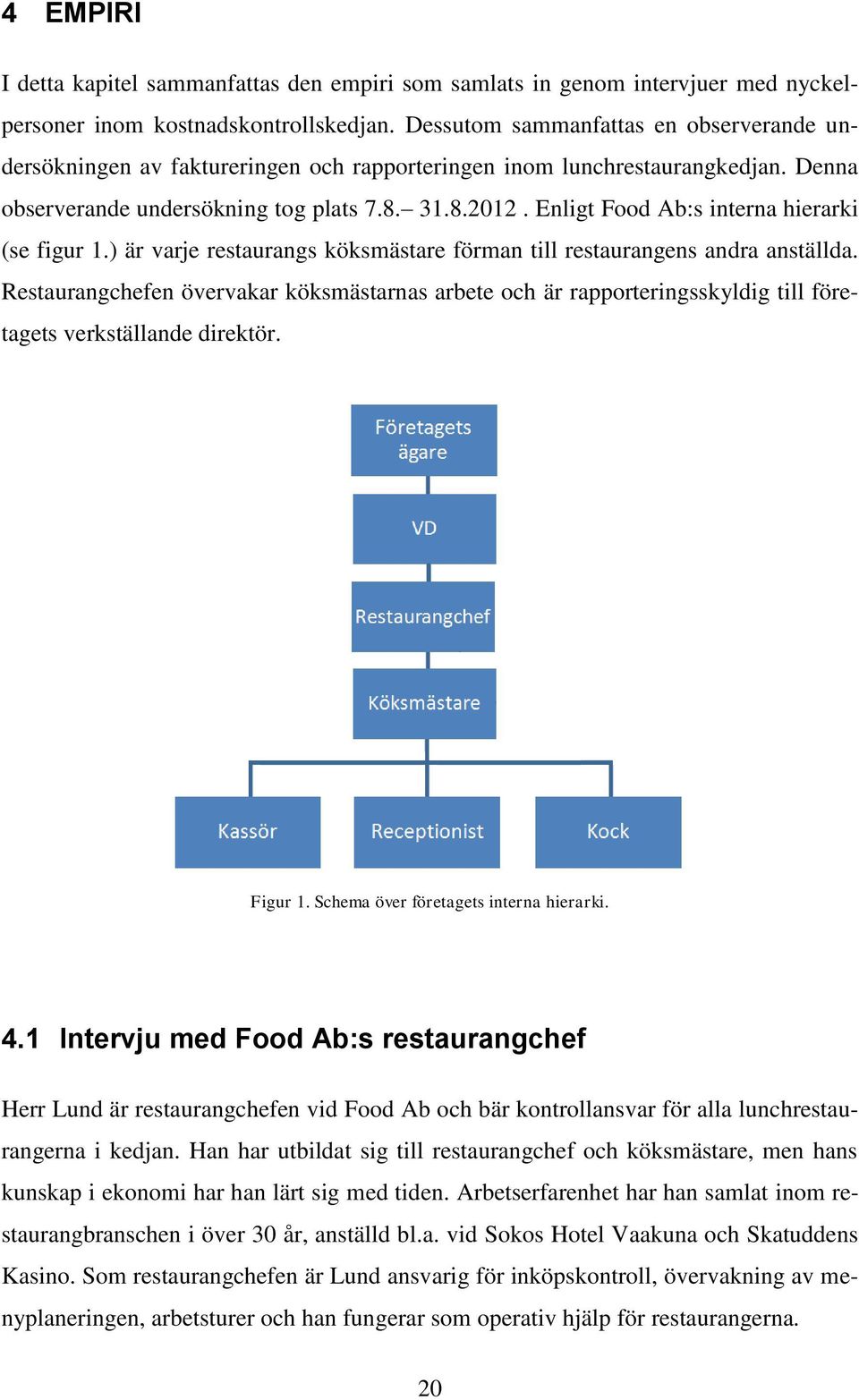 Enligt Food Ab:s interna hierarki (se figur 1.) är varje restaurangs köksmästare förman till restaurangens andra anställda.
