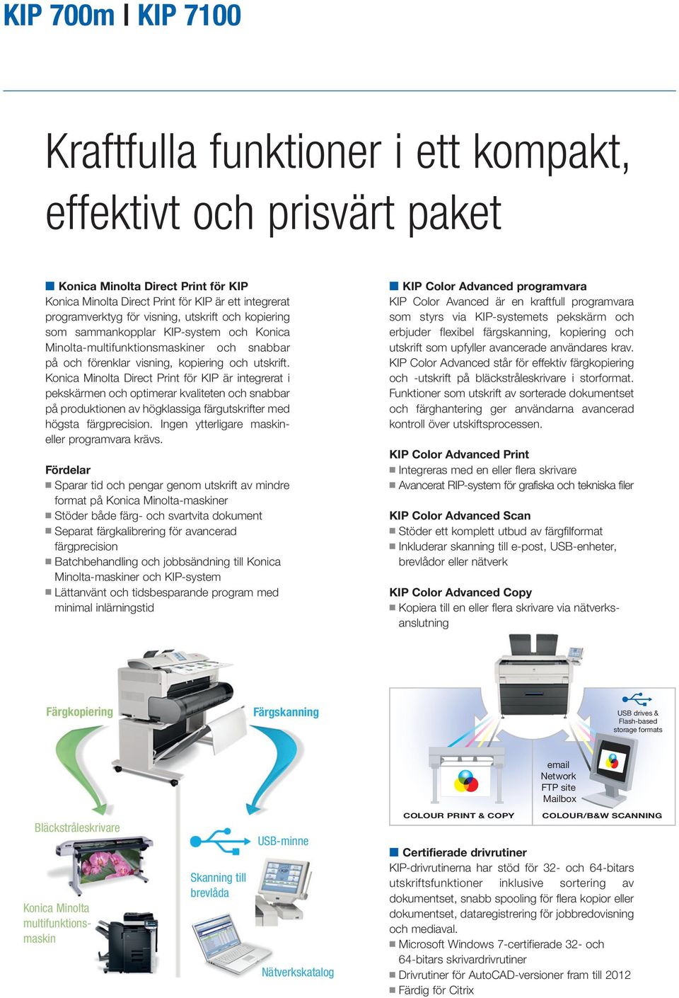 Konica Minolta Direct Print för KIP är integrerat i pekskärmen och optimerar kvaliteten och snabbar på produktionen av högklassiga färgutskrifter med högsta färgprecision.