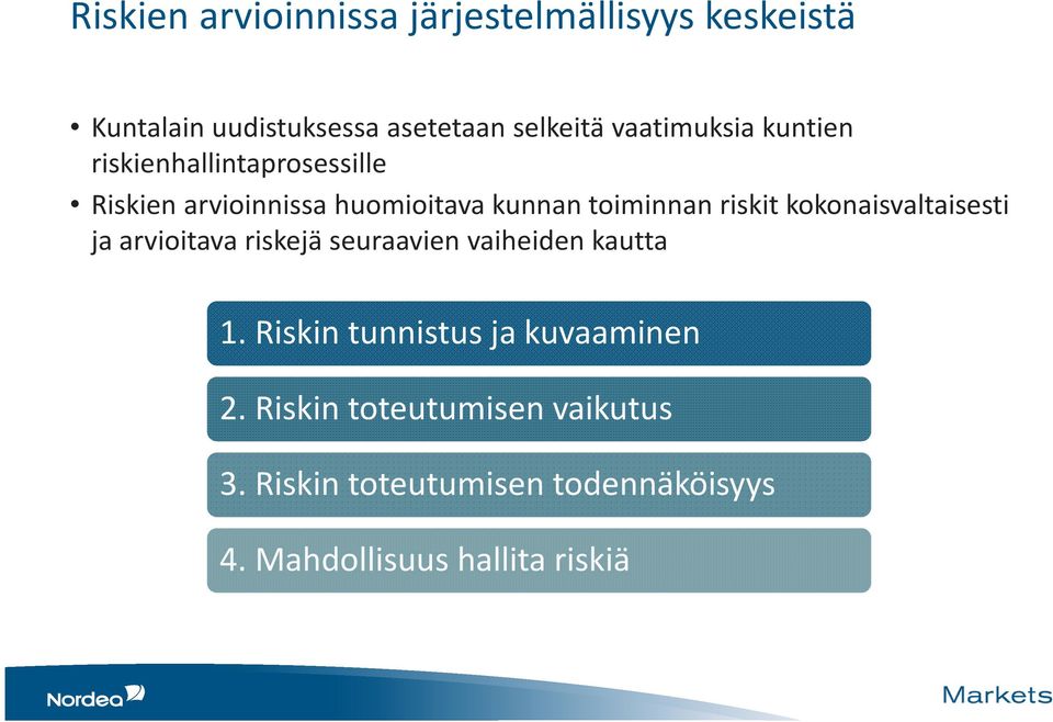 riskit kokonaisvaltaisesti ja arvioitava riskejä seuraavien vaiheiden kautta 1.