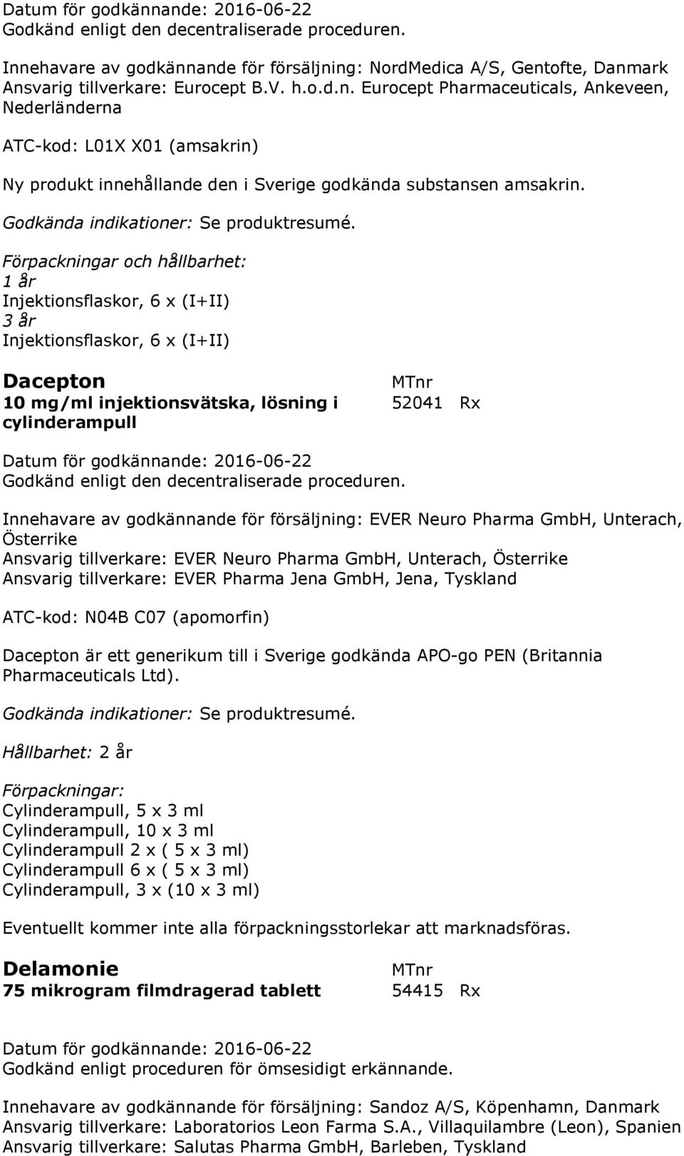 försäljning: EVER Neuro Pharma GmbH, Unterach, Österrike Ansvarig tillverkare: EVER Neuro Pharma GmbH, Unterach, Österrike Ansvarig tillverkare: EVER Pharma Jena GmbH, Jena, Tyskland ATC-kod: N04B