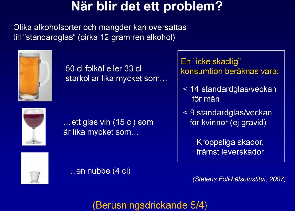 33 cl starköl är lika mycket som ett glas vin (15 cl) som är lika mycket som en nubbe (4 cl) En icke skadlig