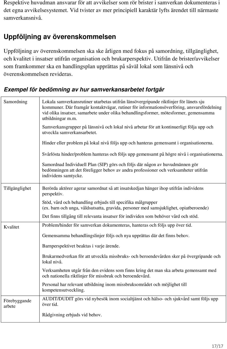 Uppföljning av överenskommelsen Uppföljning av överenskommelsen ska ske årligen med fokus på samordning, tillgänglighet, och kvalitet i insatser utifrån organisation och brukarperspektiv.