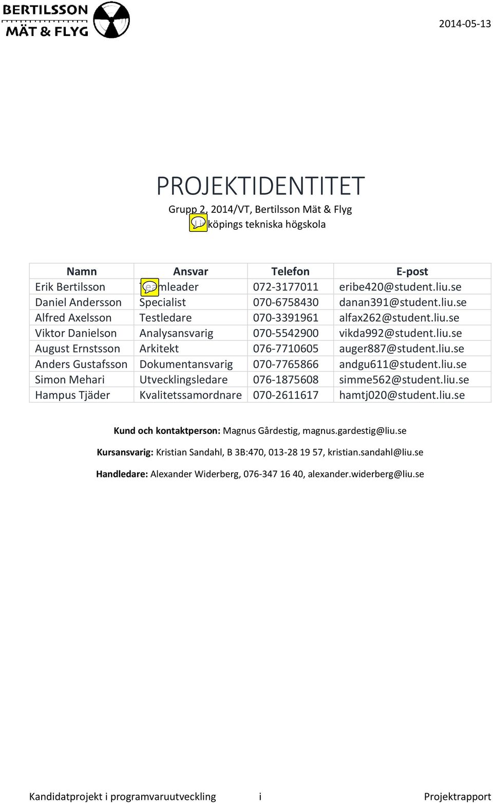 liu.se Anders Gustafsson Dokumentansvarig 070-7765866 andgu611@student.liu.se Simon Mehari Utvecklingsledare 076-1875608 simme562@student.liu.se Hampus Tjäder Kvalitetssamordnare 070-2611617 hamtj020@student.