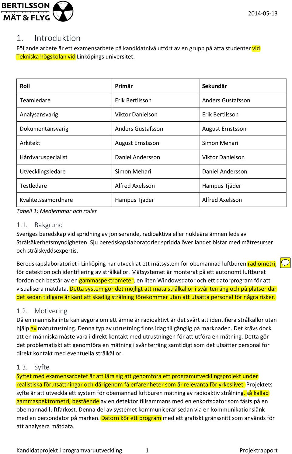 Mehari Hårdvaruspecialist Daniel Andersson Viktor Danielson Utvecklingsledare Simon Mehari Daniel Andersson Testledare Alfred Axelsson Hampus Tjäder Kvalitetssamordnare Hampus Tjäder Alfred Axelsson