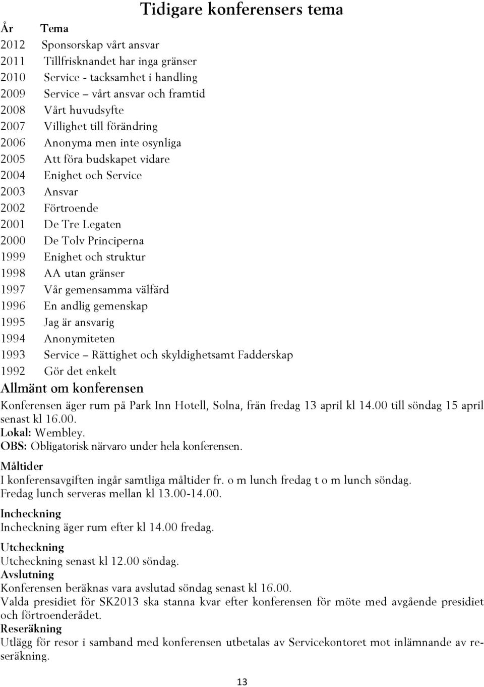 Enighet och struktur 1998 AA utan gränser 1997 Vår gemensamma välfärd 1996 En andlig gemenskap 1995 Jag är ansvarig 1994 Anonymiteten 1993 Service Rättighet och skyldighetsamt Fadderskap 1992 Gör det