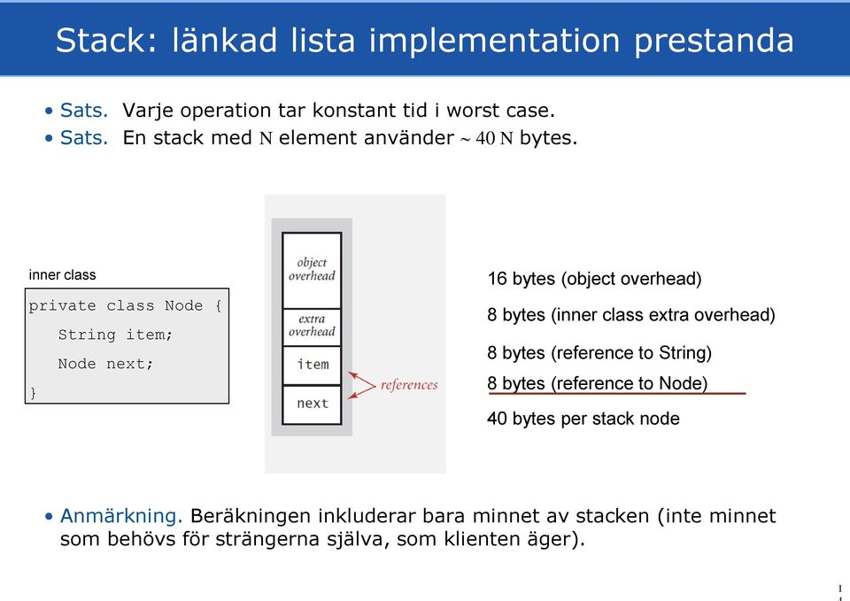 overhead) 8 bytes (reference to String) 8 bytes (reference to Node) 40 bytes per stack node Anmärkning.