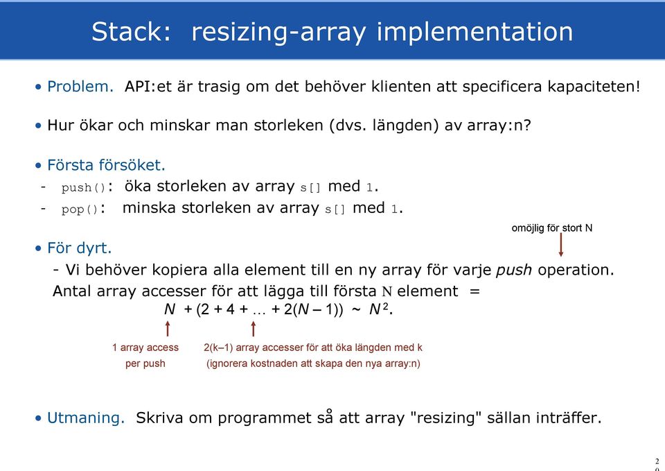 omöjlig för stort N - Vi behöver kopiera alla element till en ny array för varje push operation.