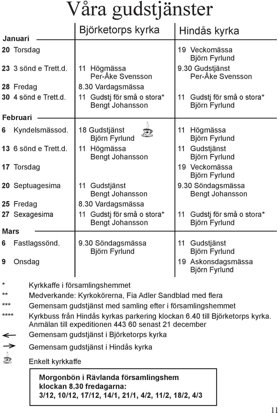 30 Vardagsmässa 27 Sexagesima 11 Gudstj för små o stora* 11 Gudstj för små o stora* Mars 6 Fastlagssönd. 9.