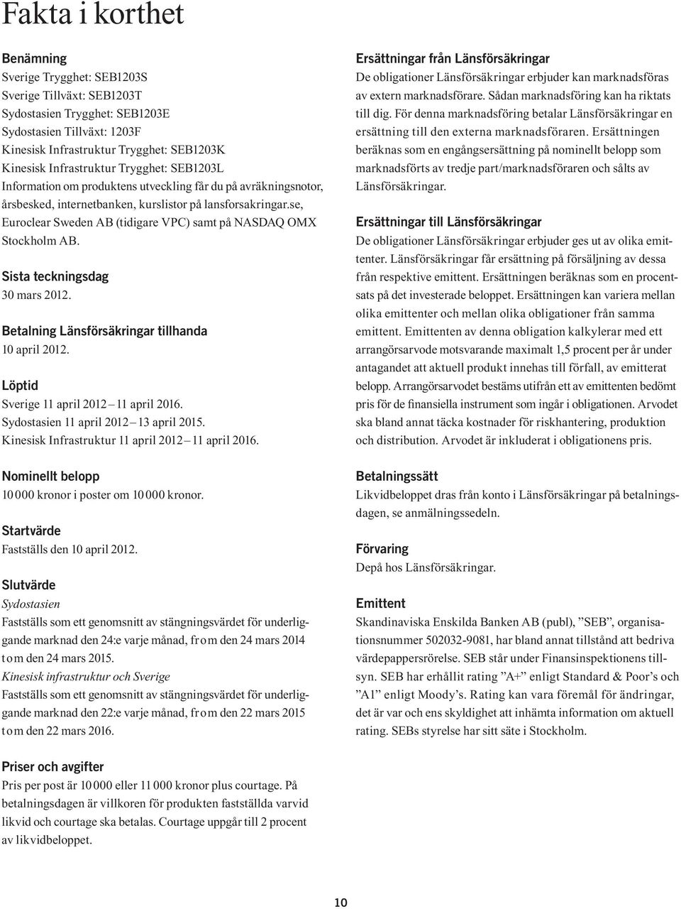 se, Euroclear Sweden AB (tidigare VPC) samt på NASDAQ OMX Stockholm AB. Sista teckningsdag 30 mars 2012. Betalning Länsförsäkringar tillhanda 10 april 2012. Löptid Sverige 11 april 2012 11 april 2016.