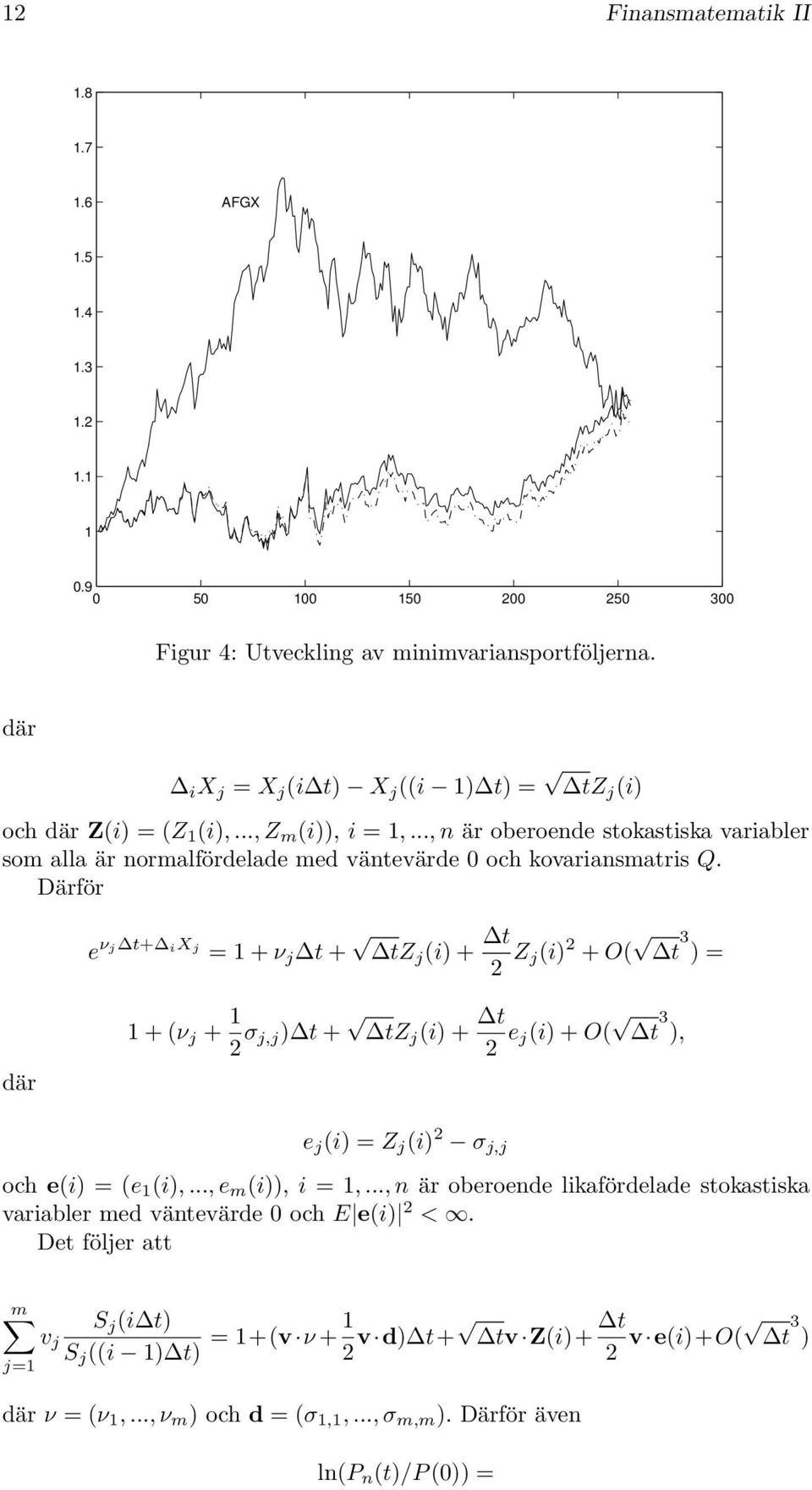 Därför e νj t+ ixj = + ν j t + tz j (i) + t 2 Z j(i) 2 + O( t 3 ) = där + (ν j + 2 σ j,j) t + tz j (i) + t 2 e j(i) + O( t 3 ), e j (i) = Z j (i) 2 σ j,j och e(i) = (e (i),..., e m (i)), i =,.