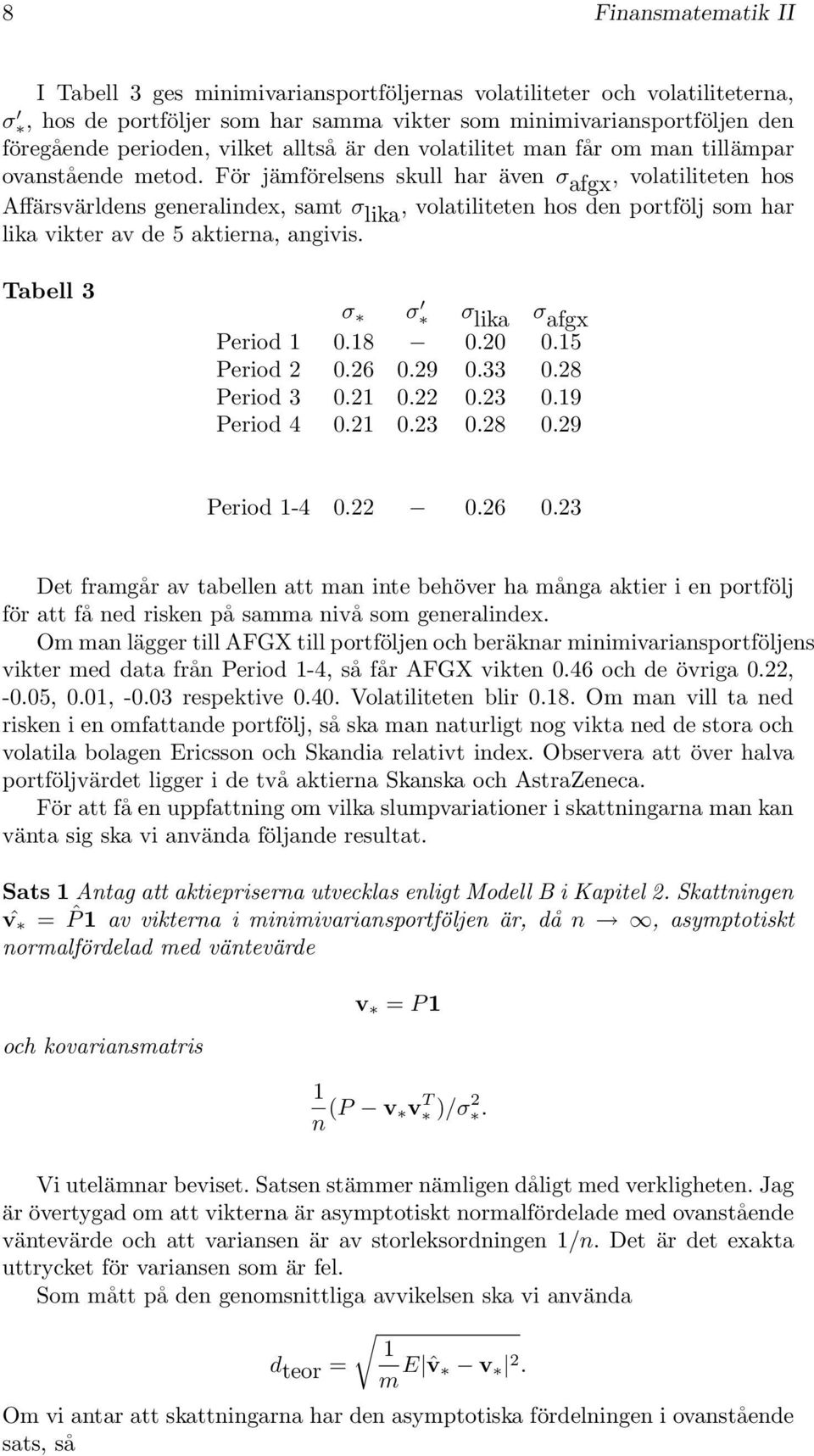 För jämförelsens skull har även σ afgx, volatiliteten hos Affärsvärldens generalindex, samt σ lika, volatiliteten hos den portfölj som har lika vikter av de 5 aktierna, angivis.