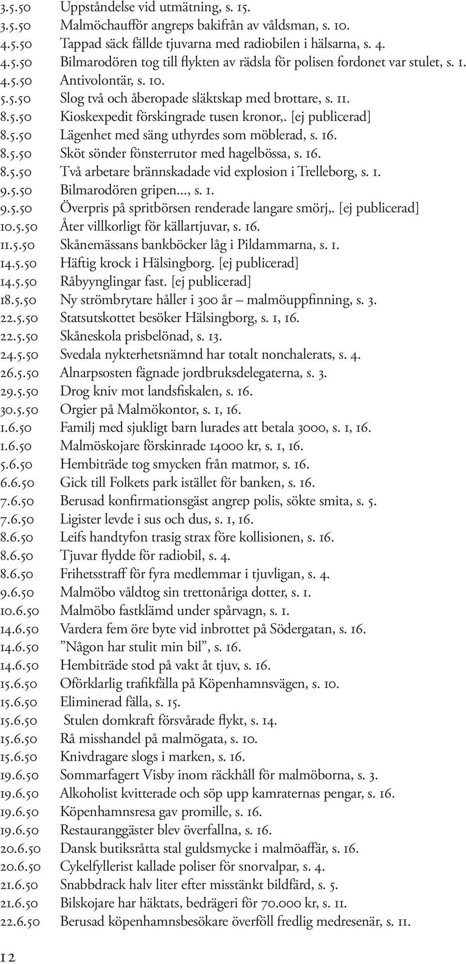 16. 8.5.50 Sköt sönder fönsterrutor med hagelbössa, s. 16. 8.5.50 Två arbetare brännskadade vid explosion i Trelleborg, s. 1. 9.5.50 Bilmarodören gripen..., s. 1. 9.5.50 Överpris på spritbörsen renderade langare smörj,.