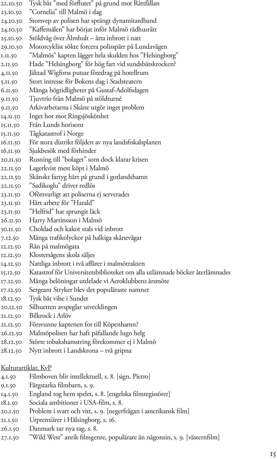 4.11.50 Jäktad Wigforss putsar föredrag på hotellrum 5.11.50 Stort intresse för Bokens dag i Stadsteatern 6.11.50 Många högtidligheter på Gustaf-Adolfsdagen 9.11.50 Tjuvtrio från Malmö på stöldturné 9.